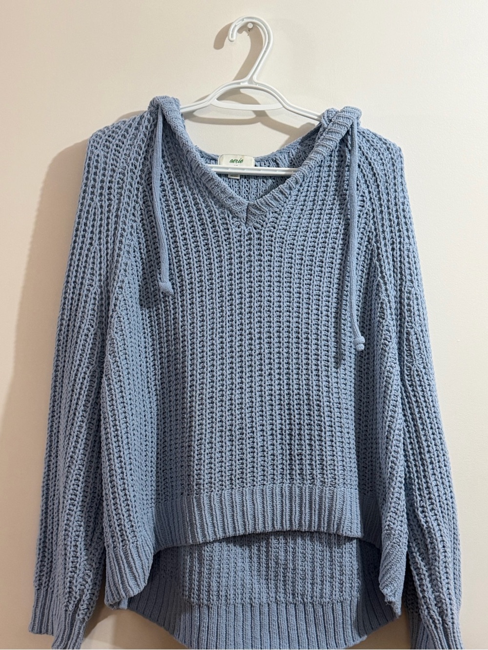 aerie Light Blue V-Neck Hooded Knit Sweater